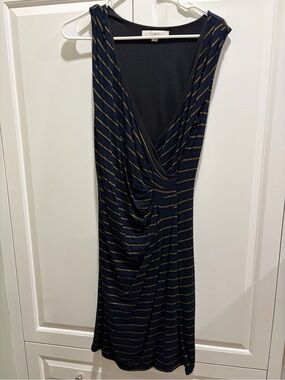 LOFT Navy with Metallic Gold Stripe Draped Midi Dress